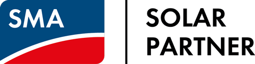 SMA Solar Partner Logo mit blauem und rotem Feld und stilisierter weißer Welle